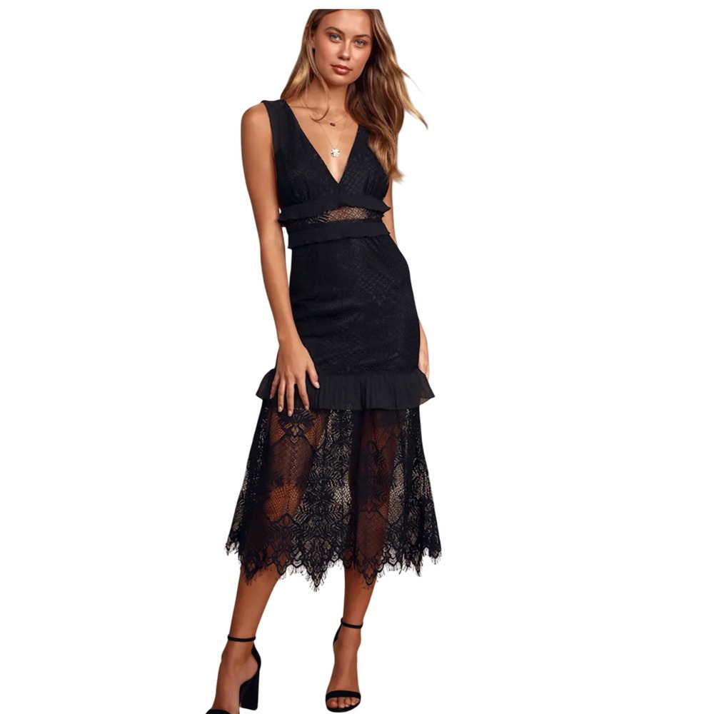 Lulus Sweet Feelings Black Lace Ruffled Tiered Midi Dress Cocktail Party S